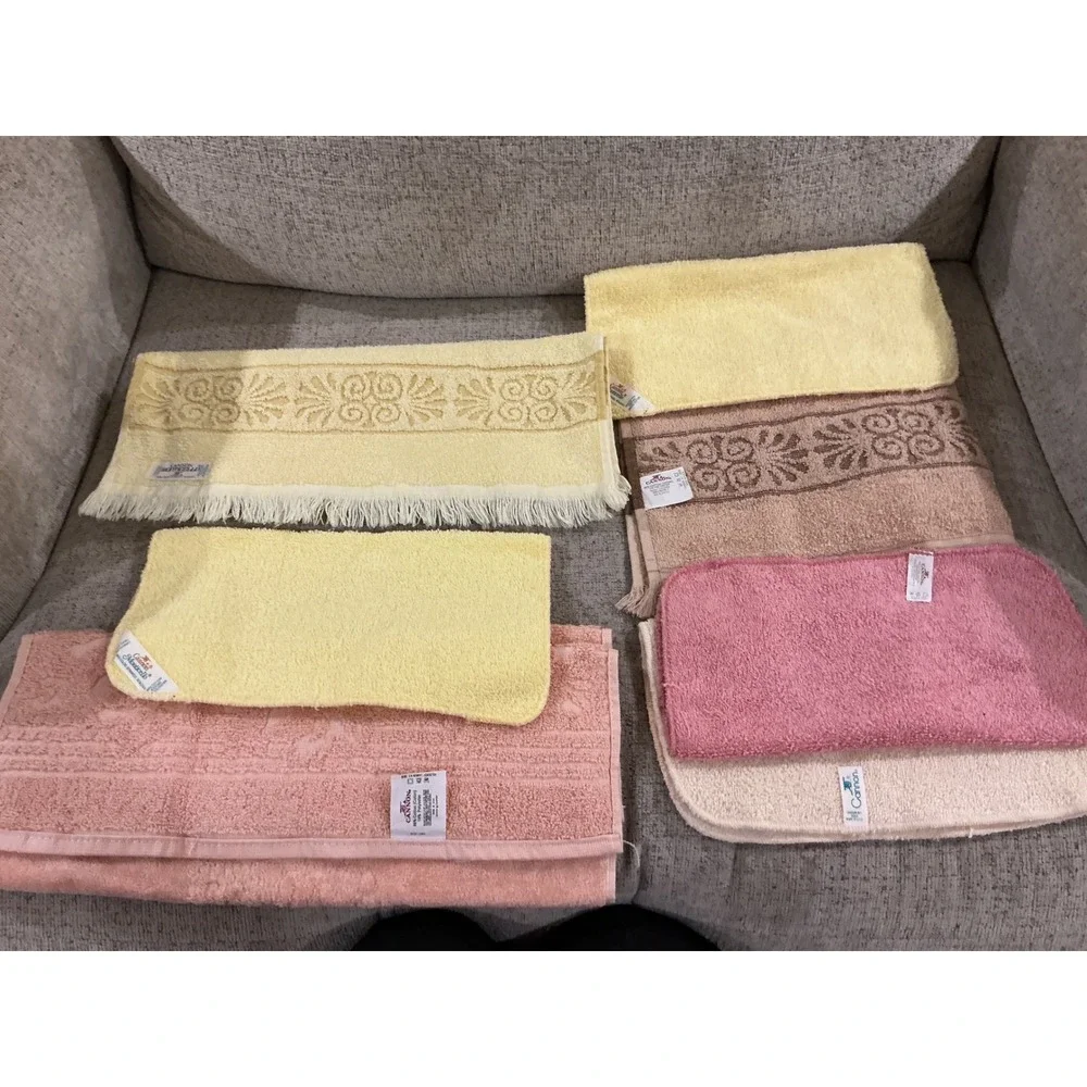 Vintage Cannon Monticello Towel Set Pink Yellow Tan Floral Jacquard Retro 7pc